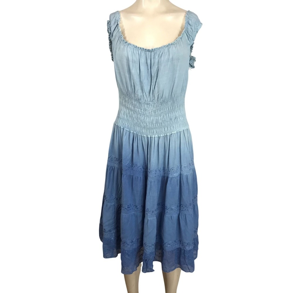 SAKKAS - WOMEN'S FREE SIZE -BLUE SLEEVELESS ROUND NECK 100% RAYON DRESS